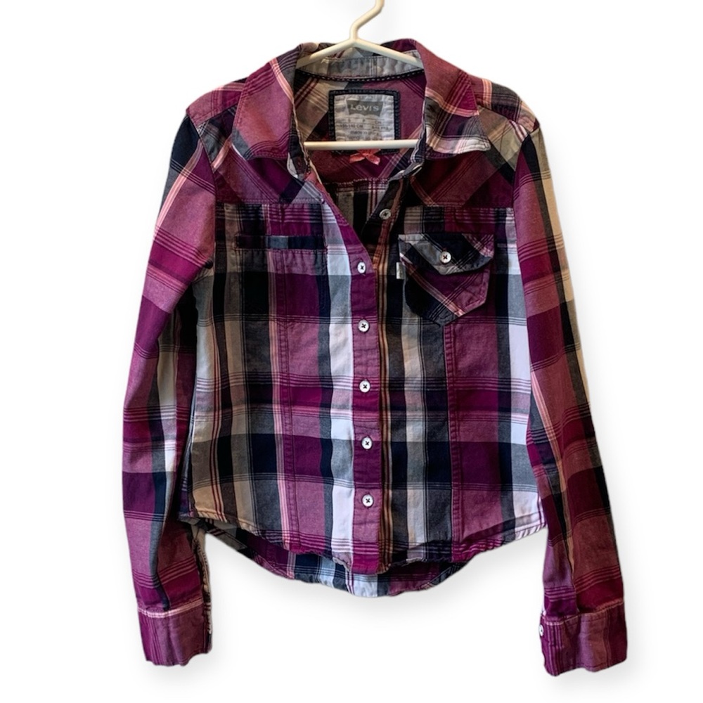 Levi’s, purple plaid, button down, long sleeved shirt, size 8-10yrs